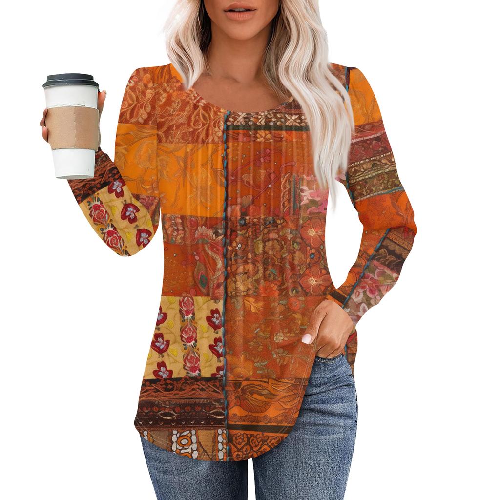 Damenmode Lässig Plissiert Rundhals Vintage Blumendruck Langarm T-Shirt Top