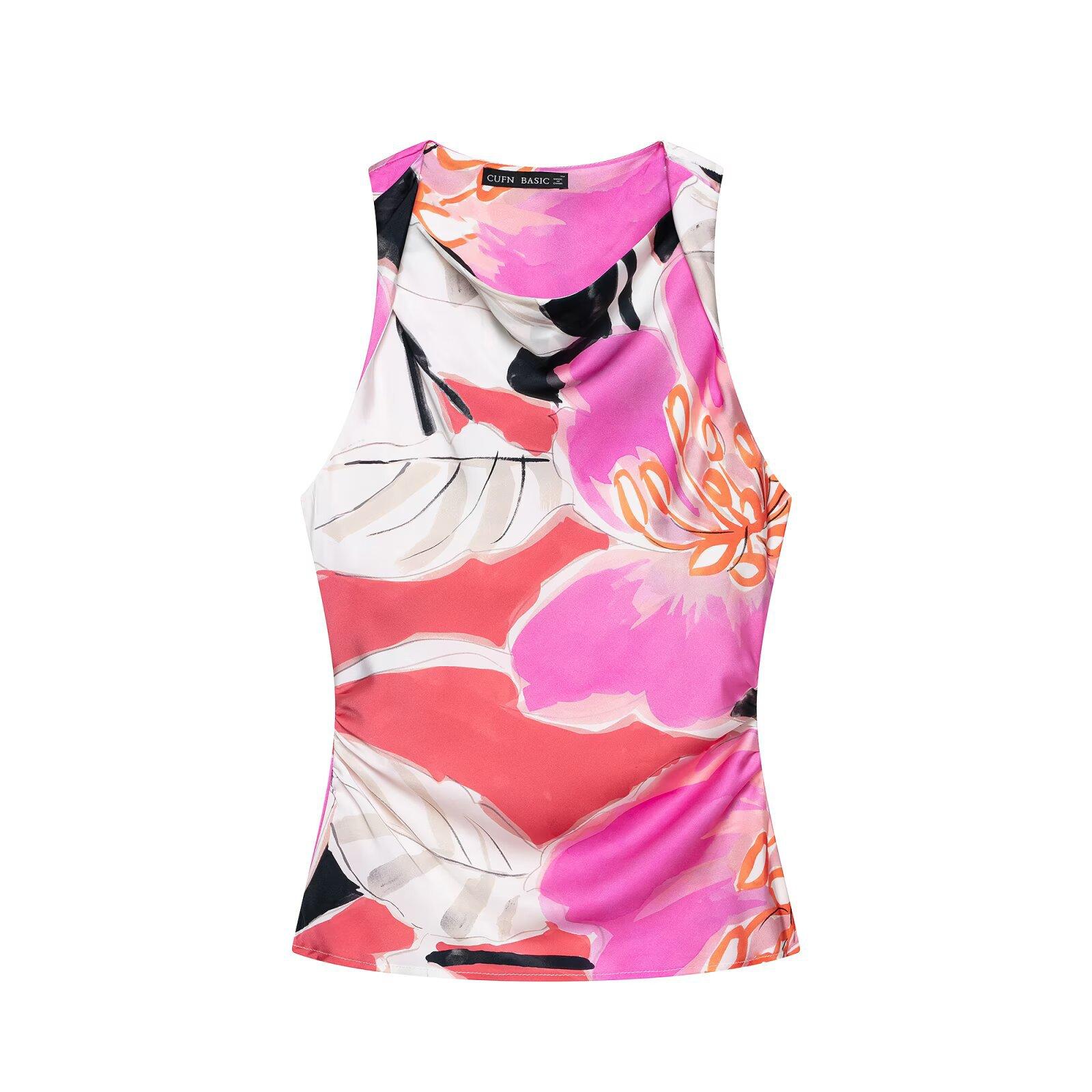 European and American style new women s clothing: printed silk satin pleated top, satin midi midi skirt XS