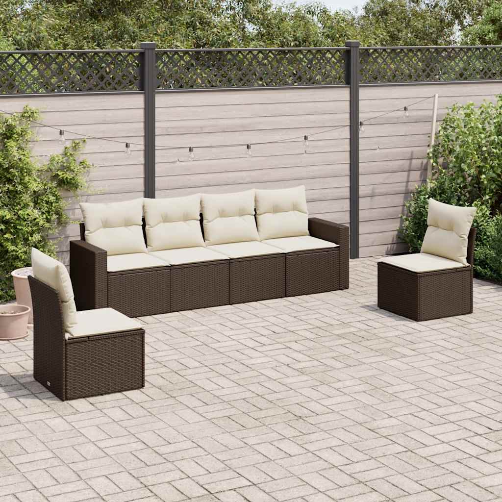 6 Piece Garden Sofa Set with Cushions Brown Poly Rattan