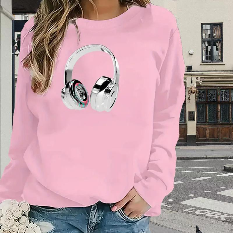 Топы для женщин Простые наушники Принт Круглый вырез Длинный рукав Футболка Осенний — фото 4