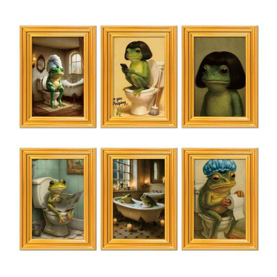 1/6Pcs Abstract Frog Refrigerator Magnet Vintage Cartoon Green Frog Fridge Magnet with Frame Home Kitchen Office Decoration