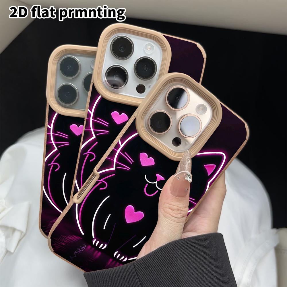 Phone Case: 2D Flat Lambskin Suitable for iPhone 18, 17, 16, 15, 14, 13 Pro Film Protective Case, Line Art Black Cat, Christmas and Halloween Gift