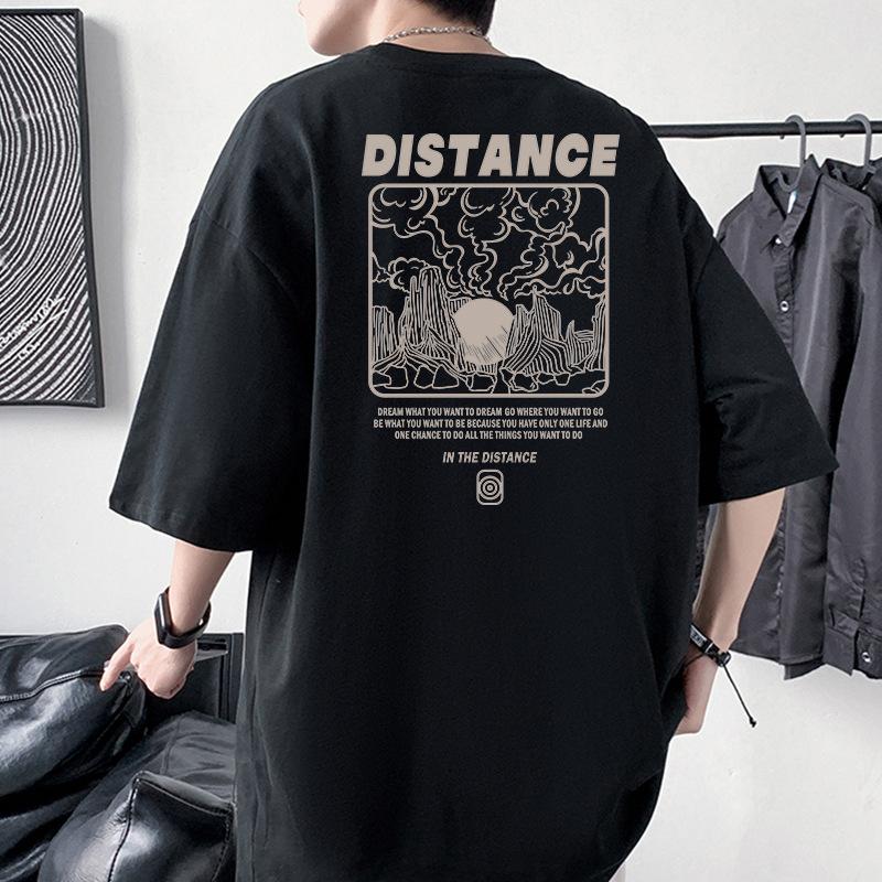 

Мужская футболка оверсайз с заниженной линией плеча и принтом «Расстояние» из 100% хлопка, уличная одежда 4XL чёрный