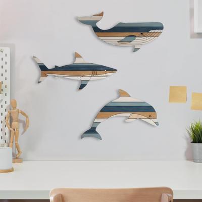 3 Pcs Wooden Fish Wall Decor Rustic Whale Shark Dolphin Beach Coastal Wall Art Nautical Wall Hanging Sculpture for Bathroom Lake House Decor