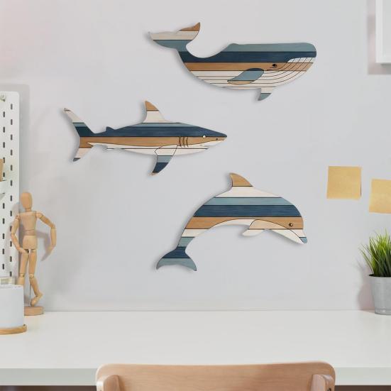 3 Stück Holzfisch Wanddeko Rustikaler Walhai Delfin Strand Küsten Wandkunst Nautische Wandbehang Skulptur für Badezimmer Seehaus Dekor