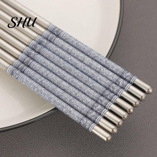 Chinese Stainless Steel Chopsticks 5 Pairs Food Stick Porcelain Pattern Anti-Slip Stylish Non-slip for Home