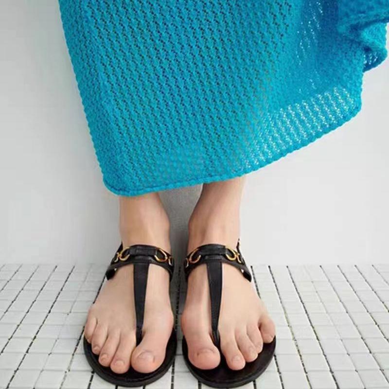 2025 Summer New Foreign Trade Versatile Vacation Flat Sandals Brown Roman Sandals Za Toe Flip-flops Women