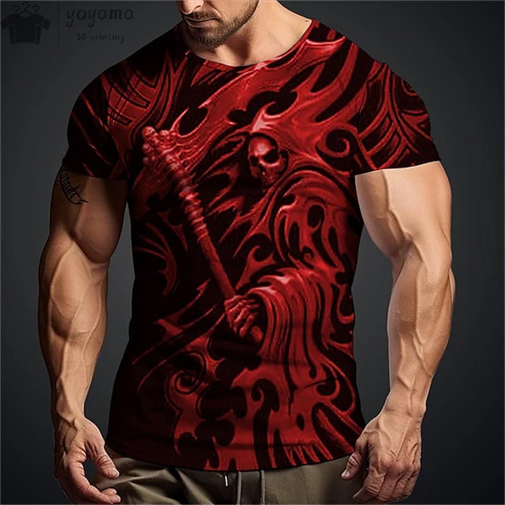 Summer Round Neck 3D Vintage Horror Skull Pattern Print Top Fashionable Casual Short Sleeved Men's T-shirts