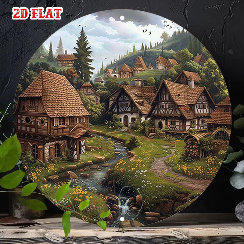 D Flat Vintage European Village Metal Sign Retro Countryside Landscape Tin Wall Art Rustic Farmhouse Cottage Decor Shabby Ch