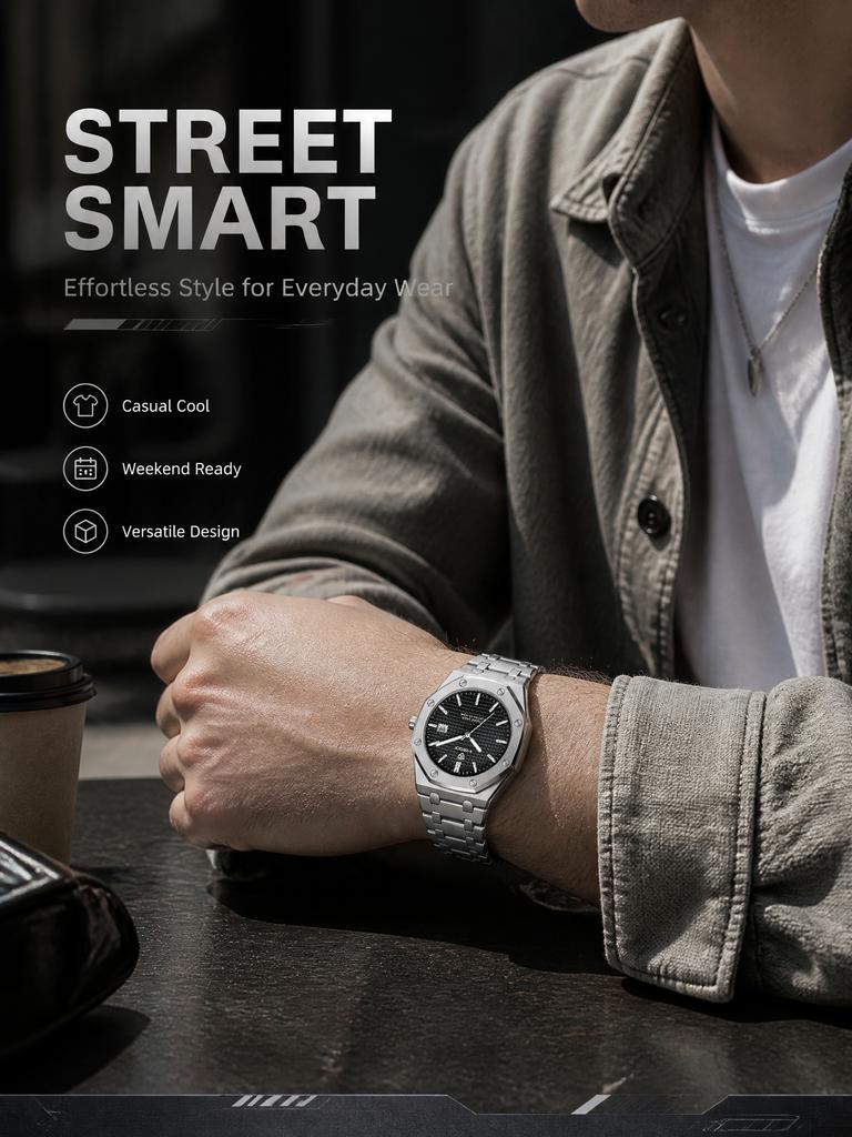 Men's Luxury Business High Quality Stainless Steel Strap Waterproof Quartz Watch Calendar Night Light Grid Dial