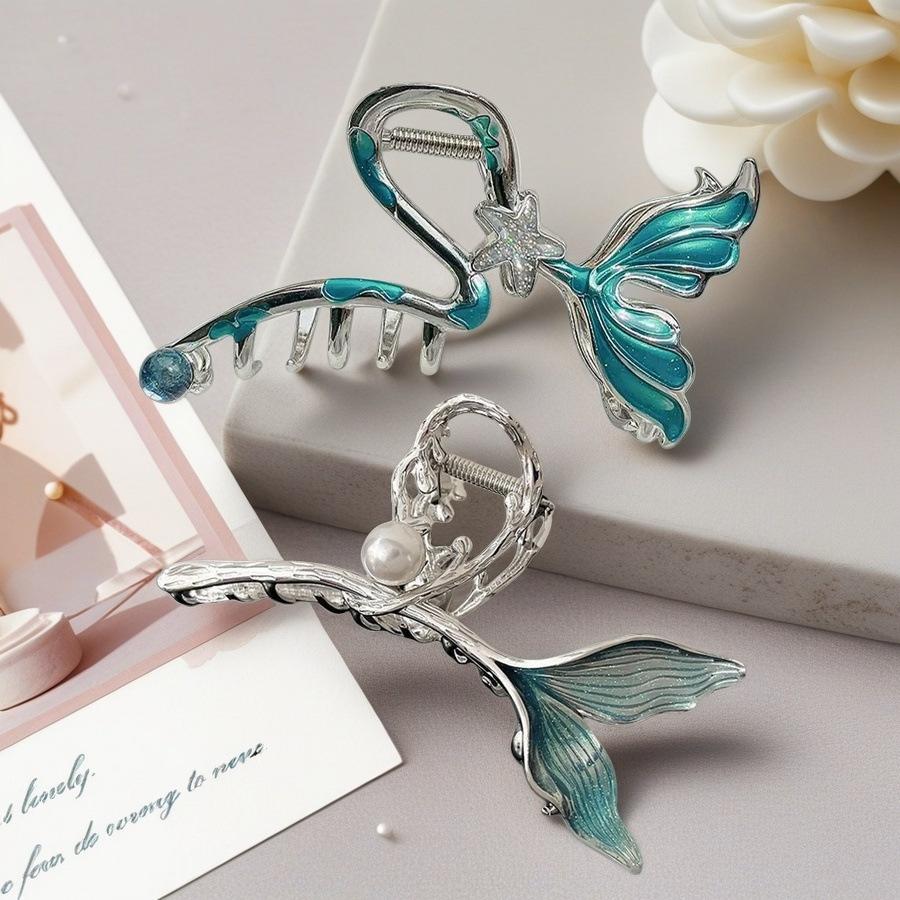 1Pc Enamel Fishtail Grab Clip Silver Tone Diamond Starfish Hair Grab Hairpin Disc Hair Shark Clip Hair Accessories