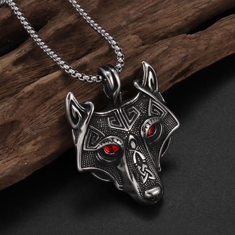 Vintage Celtic Style Red Eyes Wolf Head Pendant Necklace For Men Women Hip Hop Punk Copper Color Box Neck Chain Jewelry Gifts