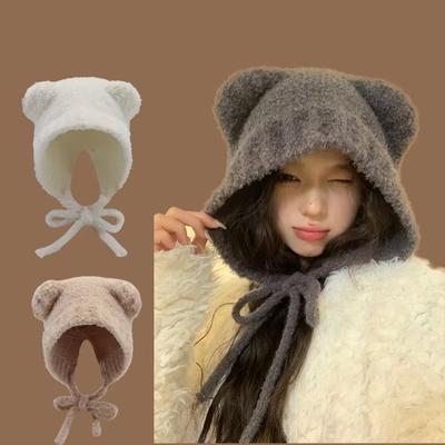 Fashion Y2k Bear Ear Wool Hat Ear Protection With Rope Knitted Bomber Cap Lace Up Warm Winter Hat