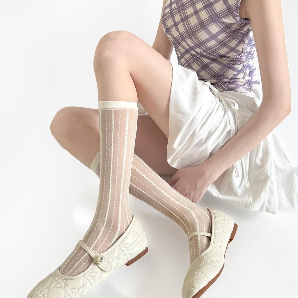 Niche Beaded Curtain Vertical Stripe Jacquard Silk Stockings: Lace French Calf Socks In Pure Desire Milk White