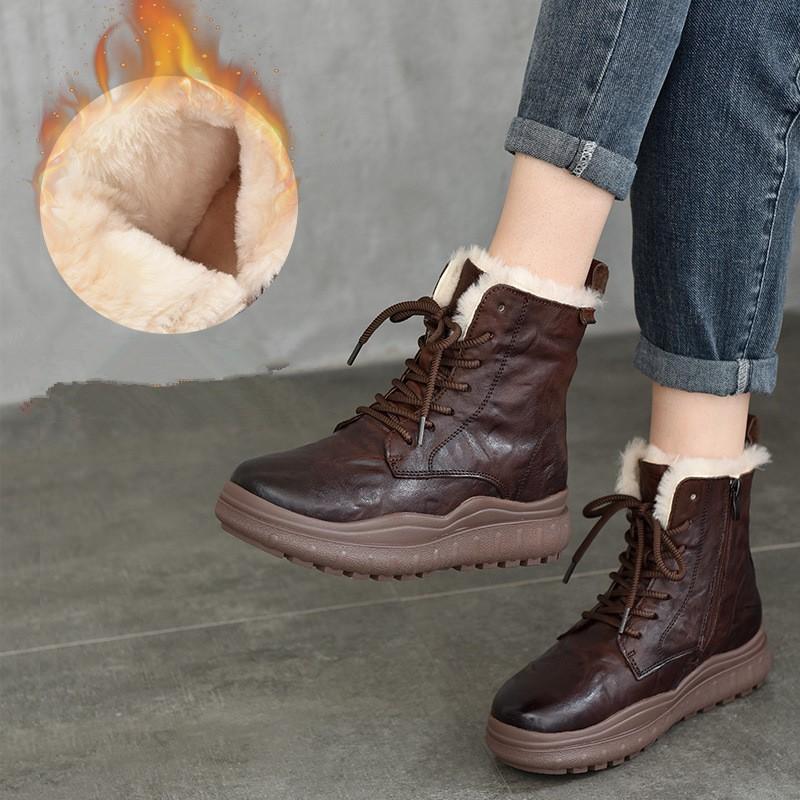 Johnature Thick Sole Wool Boots Thickened Warm Cotton Boots Genuine Leather Retro Women Short Boots