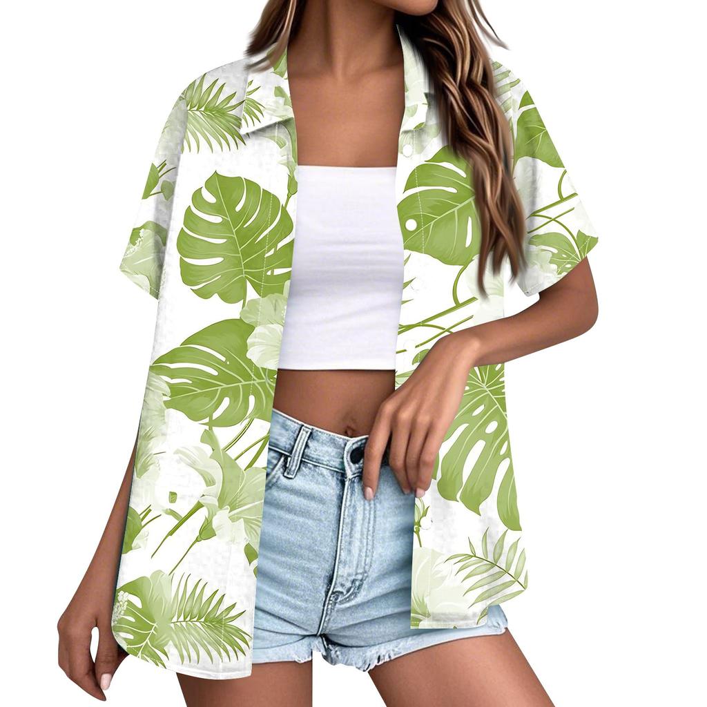Moda Donna Casual Hawaiana Stampata Manica Corta Abbottonata con Risvolto Blusa Top