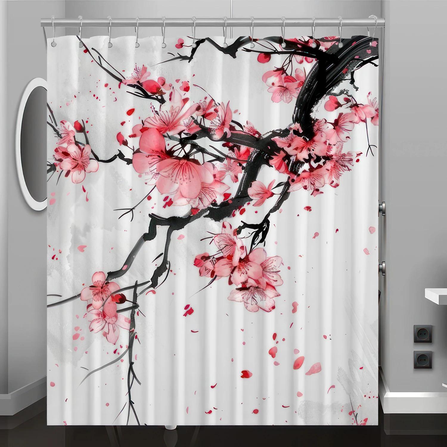 

Plum Tree Pattern Digital Print Shower Curtain, Bathroom Renovation Home Decoration, Free Hooks 90X180cm