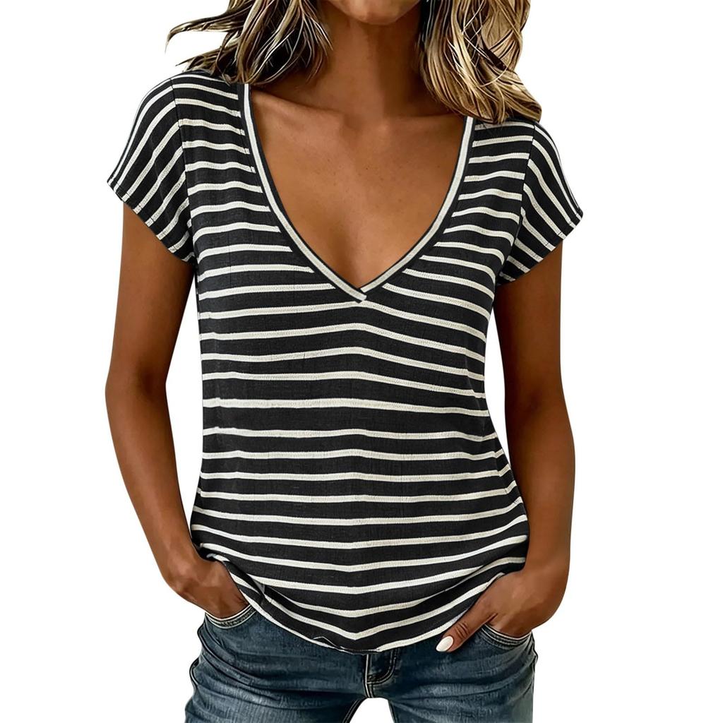 Women Casual V Neck Short Sleeve T Shirt Striped Pattern Lightweight Soft Fabric Summer Top
