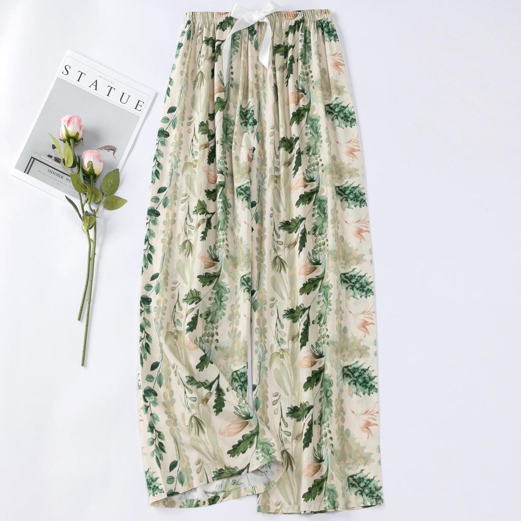 Women's Floral Cotton Silk Pajama Pants, Mosquito Repellent, Outdoor & Home Wear, Plus Size, Lightweight Summer Style.