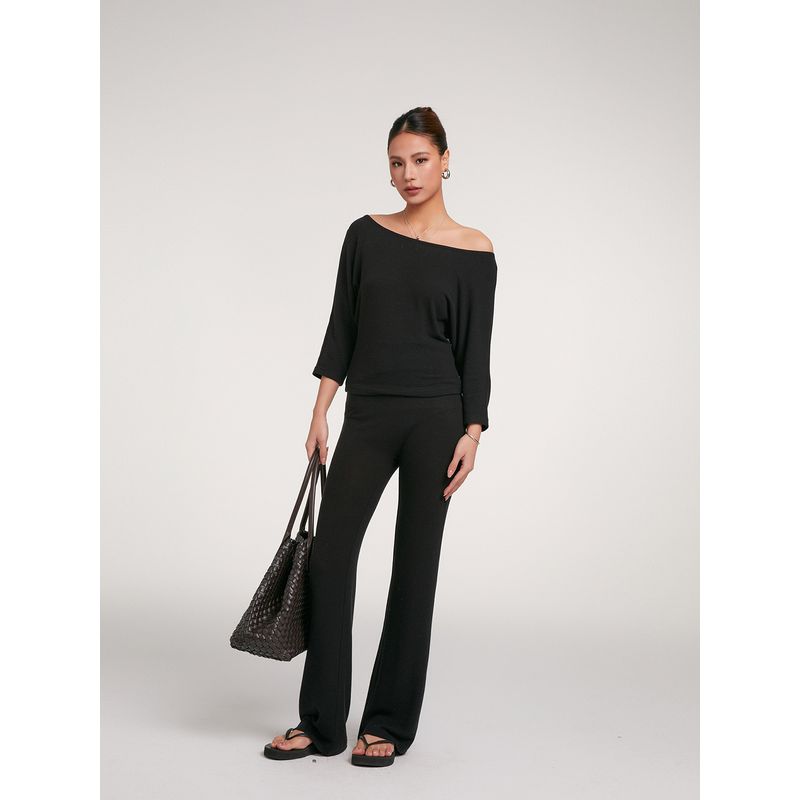 Discoglam Soft Glutinous Draping Effect Lazy Casual Slim Looking 2 Wear Oblique Shoulder 7-Point Sleeve T-shirt + Bell-Bottom Pants Women's Autumn