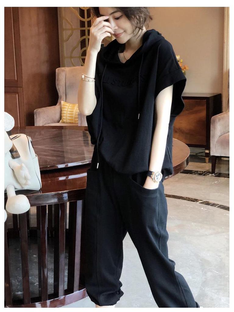 Women's Korean Style Summer Hooded Short-Sleeve Sweater and Casual Harem Pants Two-Piece Set