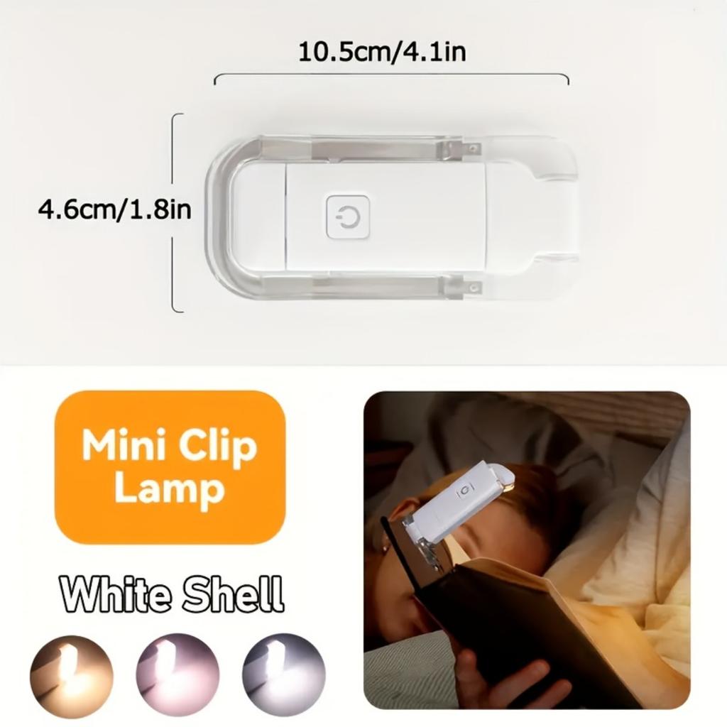 Mini USB Lade-Leselampe - Tragbar und Faltbar, Warmfarben- und Kaltlichtschutz, 3-stufige Helligkeitseinstellung, Klemmleuchte