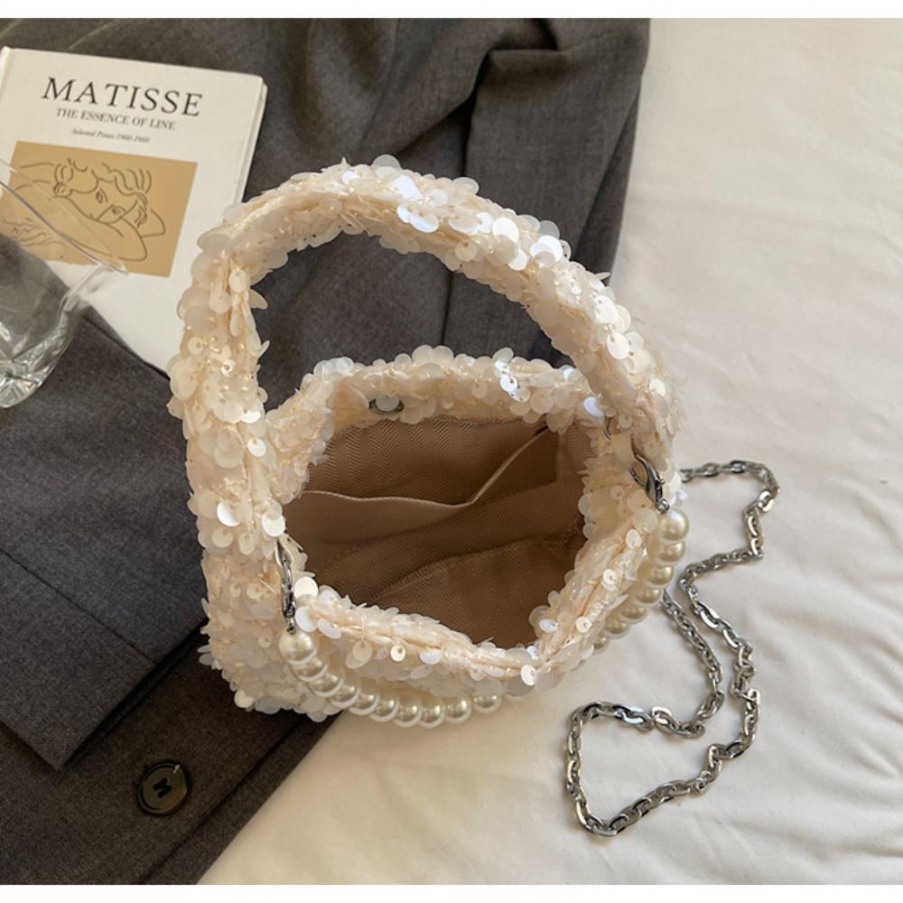 Elegant Sequin Evening Bag for Women Luxury Pearl Chain Crossbody Bag Fashion Sparkly Small Square Handbag Party Shoulder Purse