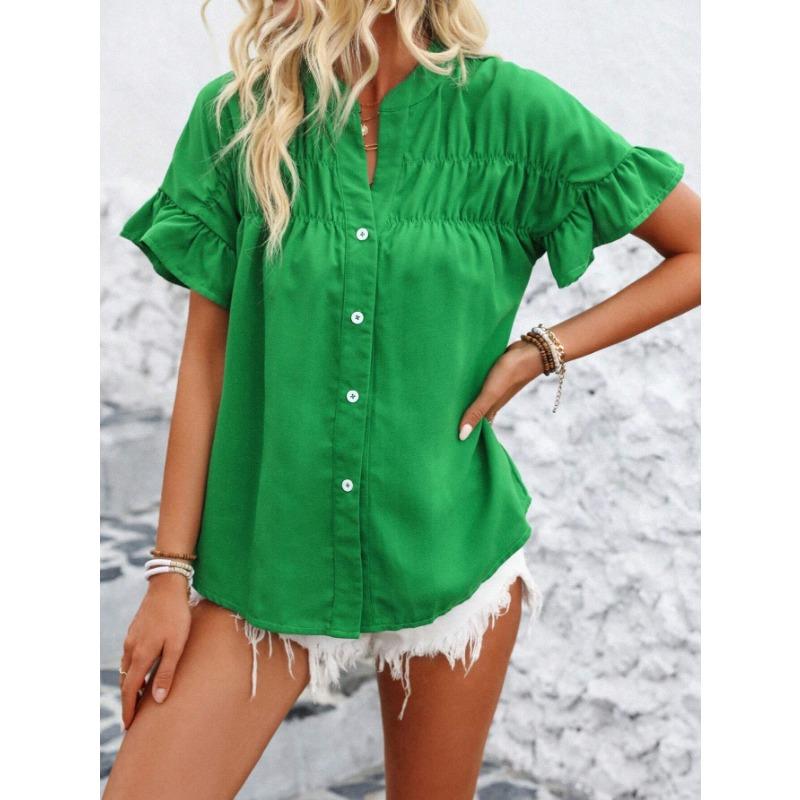 YYFS Women's Fashion Casual Summer Spring Solid Color Print Short Sleeve V-Neck Blouses & Shirts