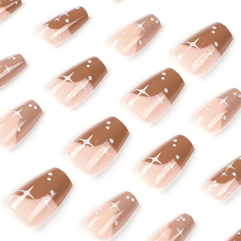 Nail Patch Brown French, Wear Nail White Starlight Dot Nail Patch Press on nails