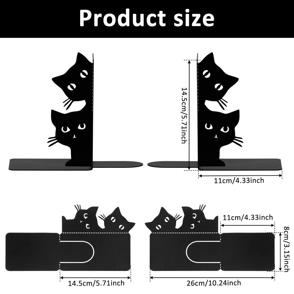 Cute Cat Metal Bookends Peeping Cat Book Ends for Shelves Bookshelf Decorative Home Office Desk Bookshelf Decor Black Bookends