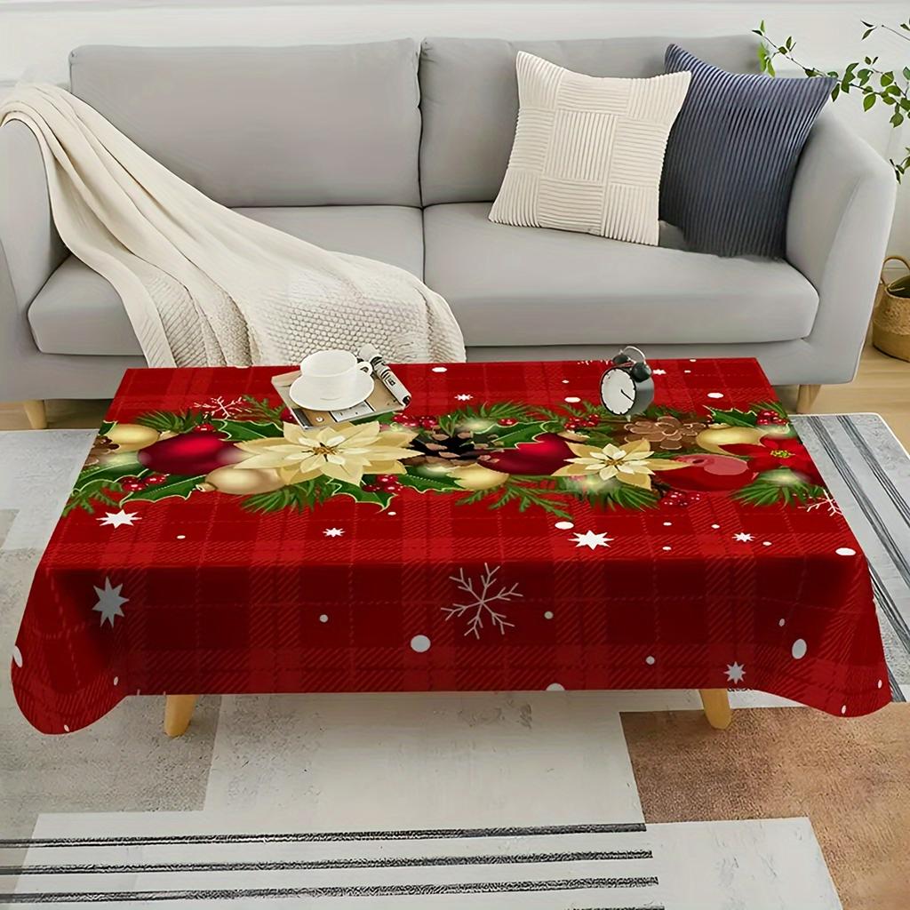 Festive Red Tablecloth with Decorative Elements - Thick Fabric, Easy To Clean, Machine Washable, Perfect for Party and Holiday Decoration