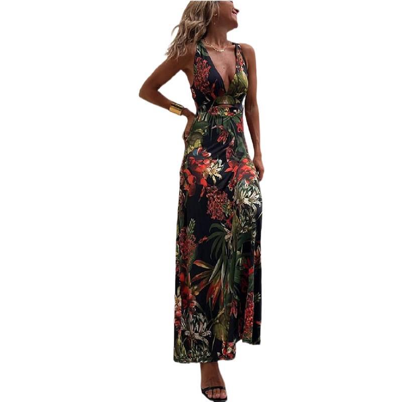 2023 European & American Sexy Print Spaghetti Strap Vacation Dress for Women