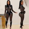 Women's Fashion Solid Mesh Hot Drilling Long Sleeve Jumpsuit