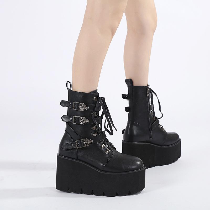 Neue Damenstiefel mit speziell geformter, quadratischer Metallschnalle und dicker Sohle, schräger Absatz und dicker Sohle mit Gürtelschnalle – coole Herbst- und Winterstiefel