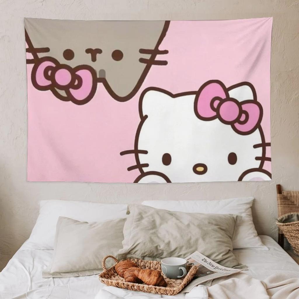 Sanrio Hello Kitty Cat Cartoon Tapestry Lively Bright Cute Anime Home Decor Flat Print for Bedroom Wall Decoration