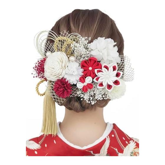 Doscpe 26-Piece Luxury Hair Accessory Set for Formal Occasions - Tsumami Zaiku, Sola Flower, Mizuhiki, Gold Leaf, Kimono, Hakama, Wedding,