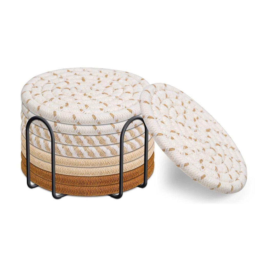 

8Pcs Cotton Drink Coasters with Holder Linen Woven Coasters Set Cup Coasters Tabletop Protection 8Pcs&rack