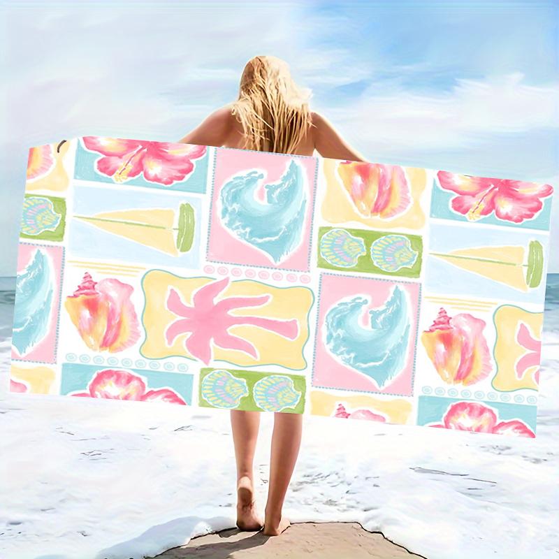 Patchwork Shell Wave Beach Towel Retro Collage Style Quick Dry Microfiber Towel For Summer Pool Travel Girls