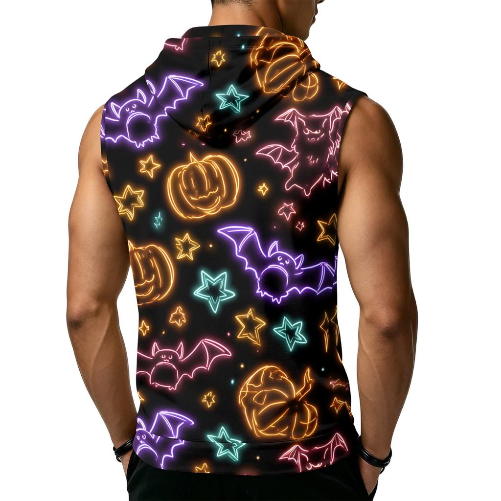 Men's Halloween Print Hooded Tank Top Casual Sleeveless Vest with Pockets Drawstring