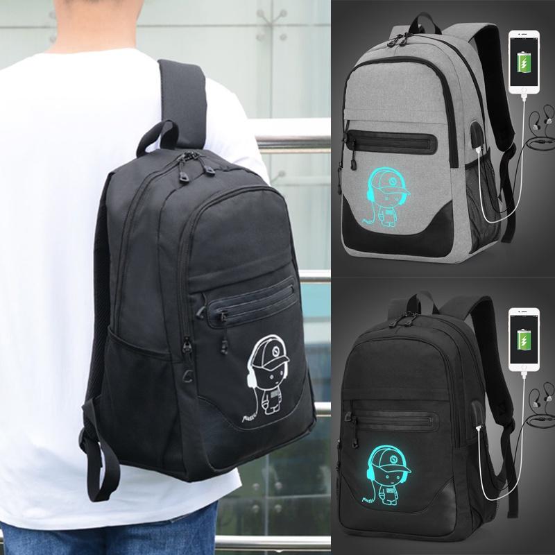 Cute Cartoon Printed Night Luminous Waterproof Laptop Backpack With Usb Charging