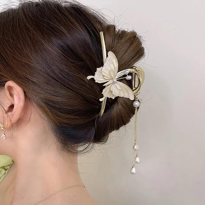 Luxury Tassel Butterfly Green Bamboo Pearl Grab Clip Flower Large Shark Ponytail Women's Fashion Temperament Elegant Headwear