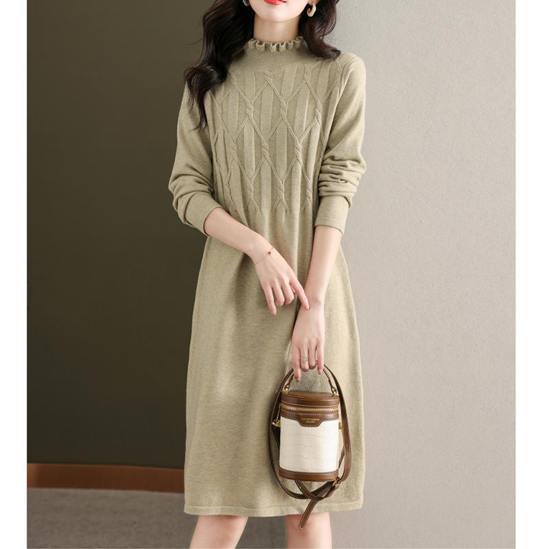 Wood ear edge semi-turtleneck knitted dress women's autumn and winter temperament elegant and thin inside with medium and long bottom sweater skirt