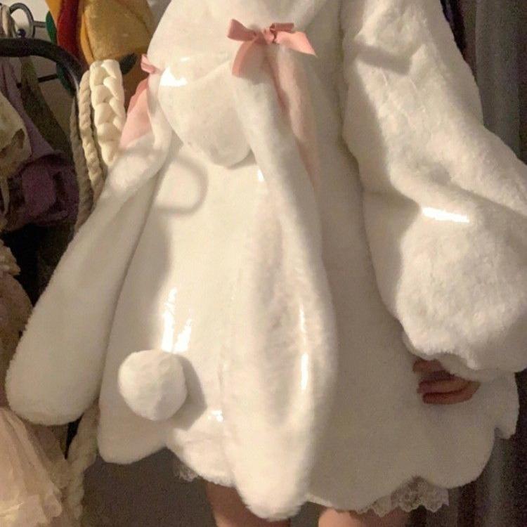 Roupas de inverno Casacos fofos Mulheres Orelhas de coelho Com capuz Lã de cordeiro Outwear Grandes e grossos Moda Kawaii Casacos