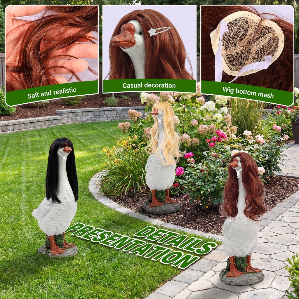 3/4Pcs Porch Goose Wig for 17 Inch and 23 Inch Statue Universal Lawn Goose Wig with Hair Clip Outdoor Statue Decorative