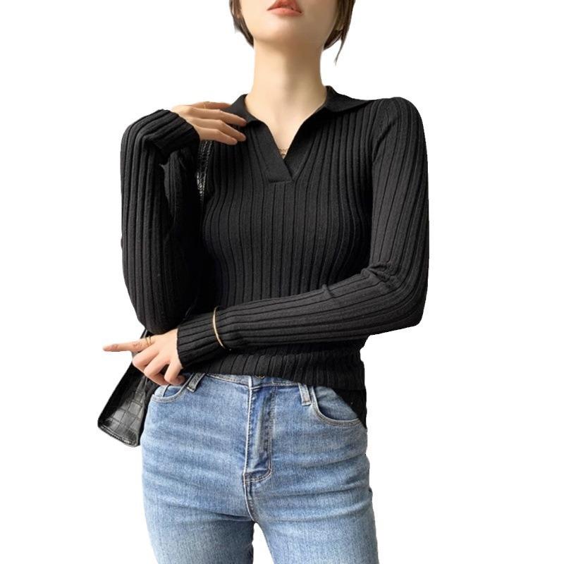 Lapel bottom knitted sweater women's spring and autumn new inner sweater front shoulder lapel slim top