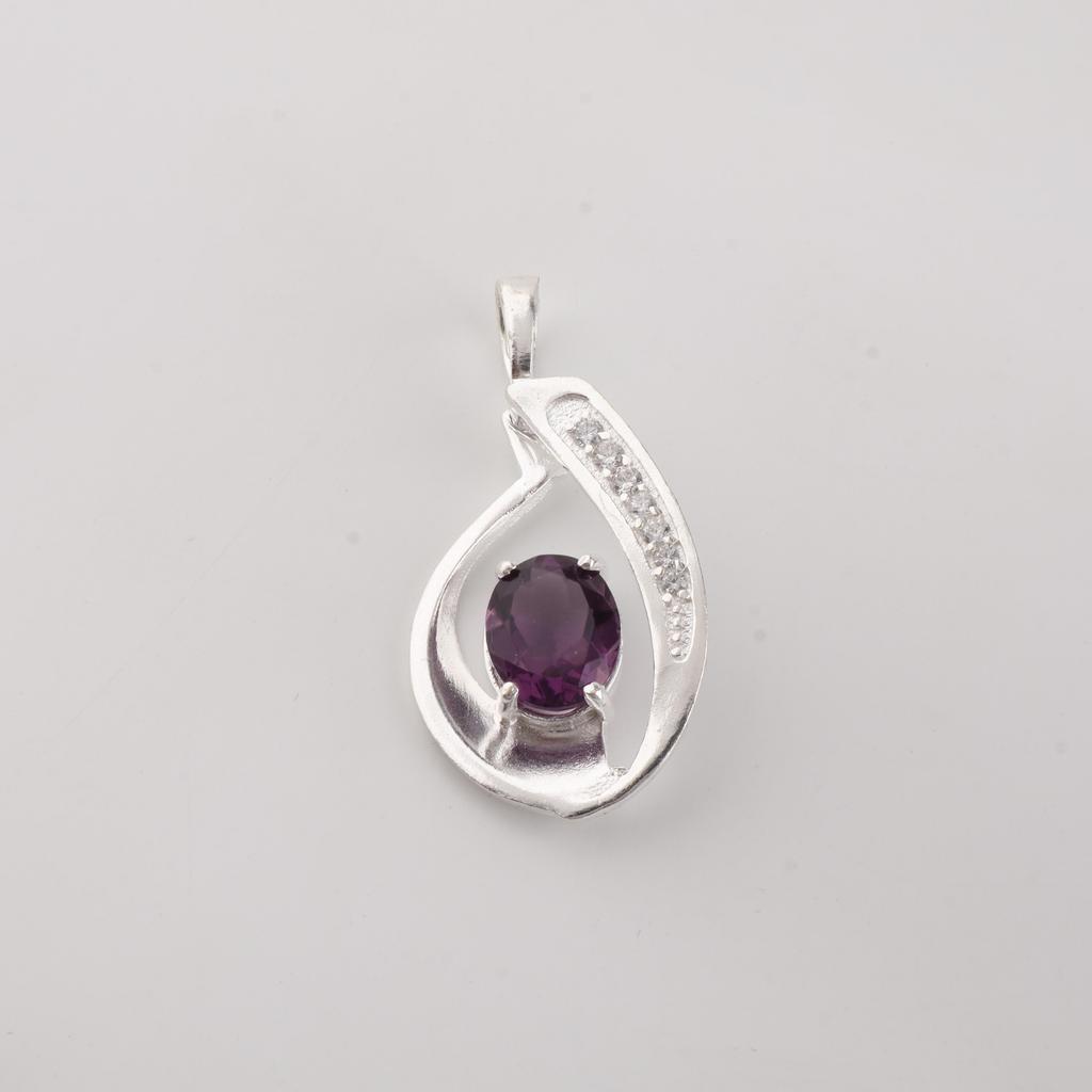 Amethyst Gemstone 925 Sterling Silver Jewelry Zircon Pendant 1.4" , Partywear Women's Pendant, Anniversary Gift For Her CZP-16-1