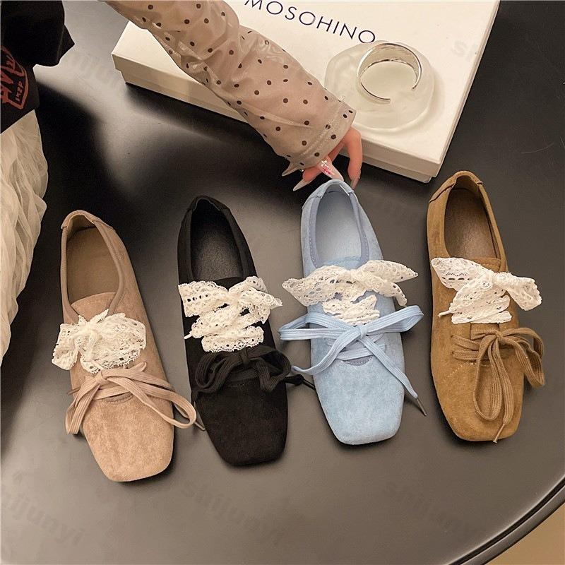 Fashion Elegant Lace Square Head Casual Mary Jane Shoes Women's Spring 2025 New Shallow Mouth Comfortable Flat Ballet Style Single Shoes