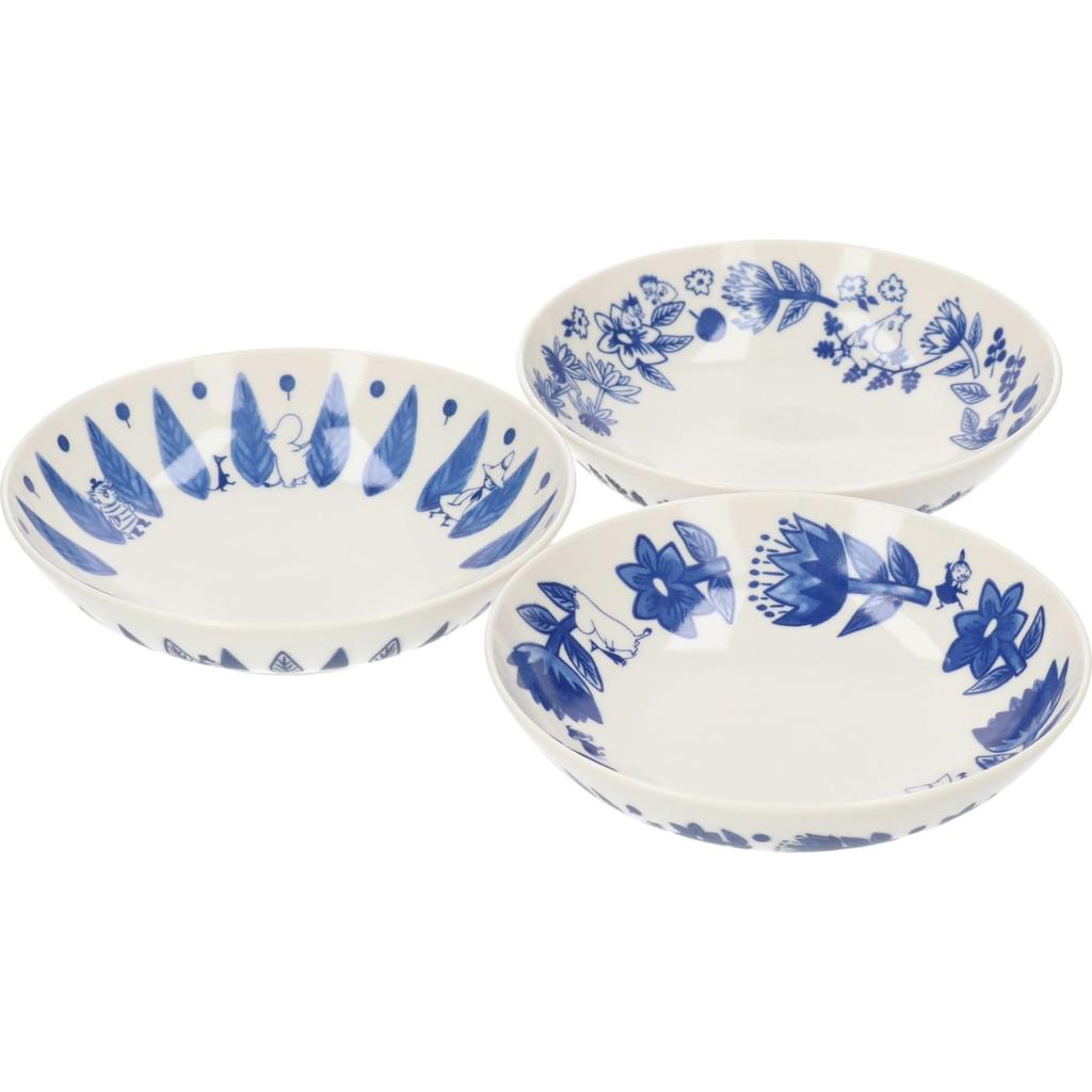 MOOMIN "Blue Flora" Bowl and Plate Set (3 pieces, 17cm each) - Nordic Style, Moomin Merchandise, Mother's Day Gift, Made in Japan, MM7000-76