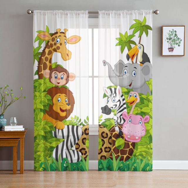 Jungle Cartoon Animal Lion Elephant Giraffe Modern Tulle Curtains For Living Room Bedroom Home Kitchen Window Sheer Curtains