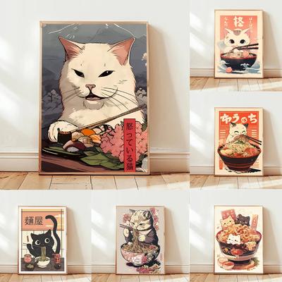 Kawaii Japanisches Ramen Tier Katze Poster Leinwanddrucke Gemälde Heimdekor Nudeln Essen Wandkunst Poster Küchendekoration